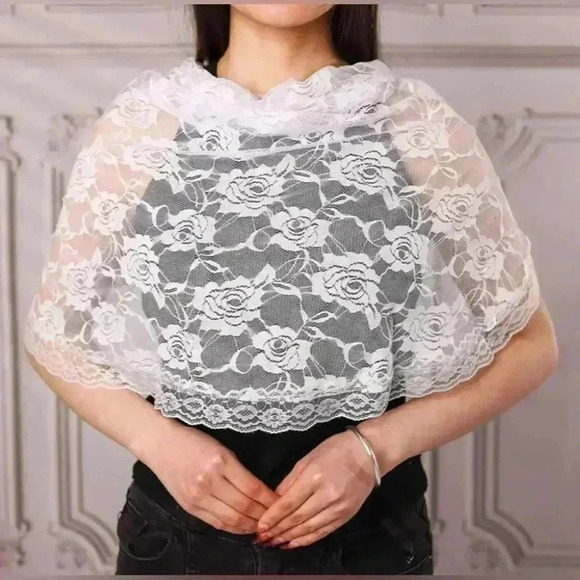 Wedding Bridal Short Lace White Veil Shoulder Length Applique Lace Edge - Picture 8 of 10